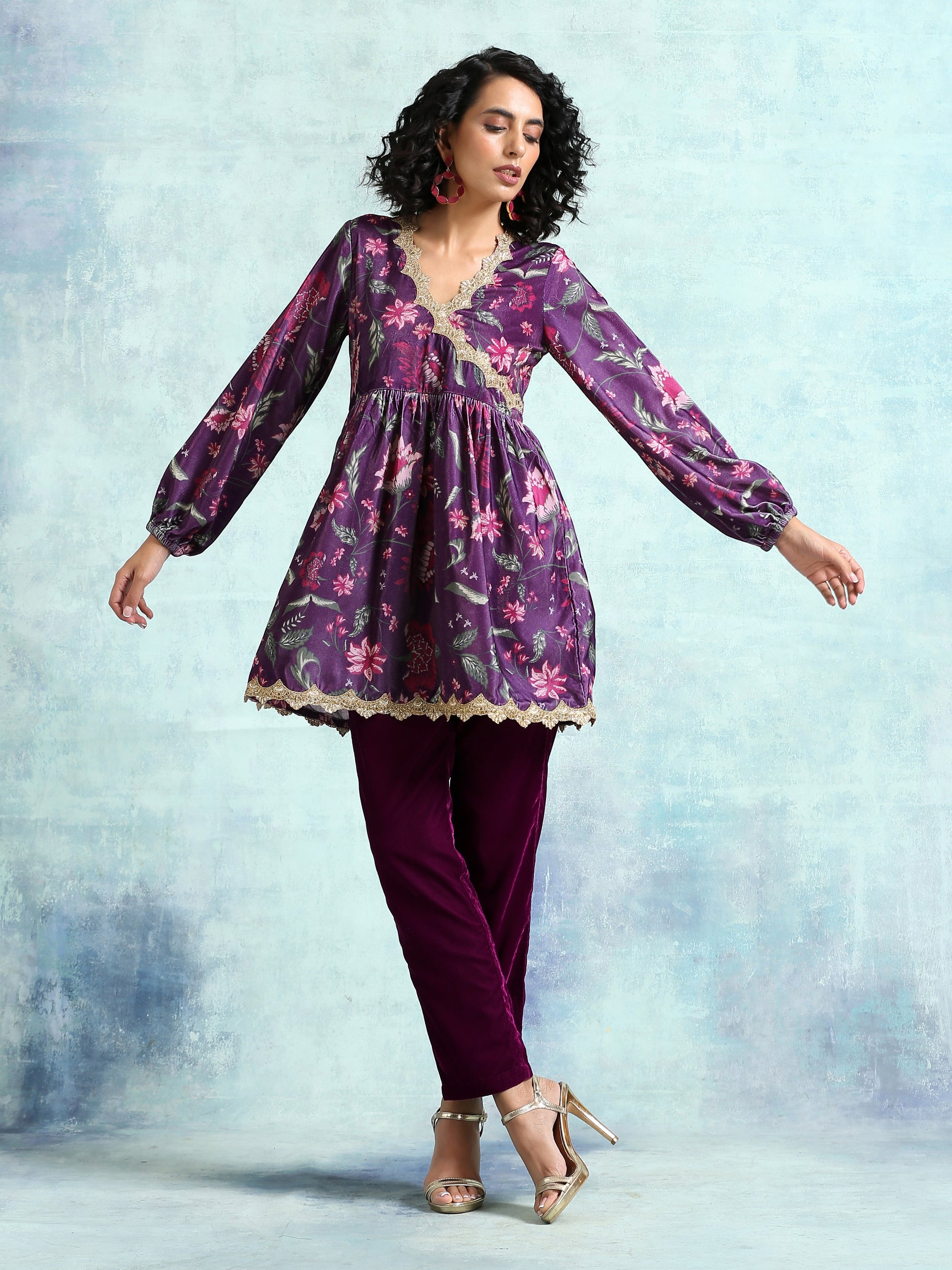 trueBrowns Wine Printed Velvet Lace Co-Ord Set - Swadesiicart