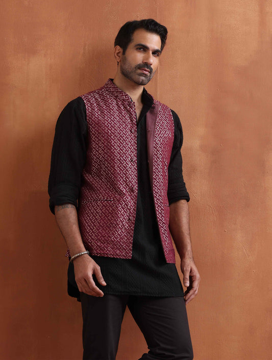 trueBrowns Men's Dark Purple Cotton Dobby Nehru Jacket | Swadesiicart