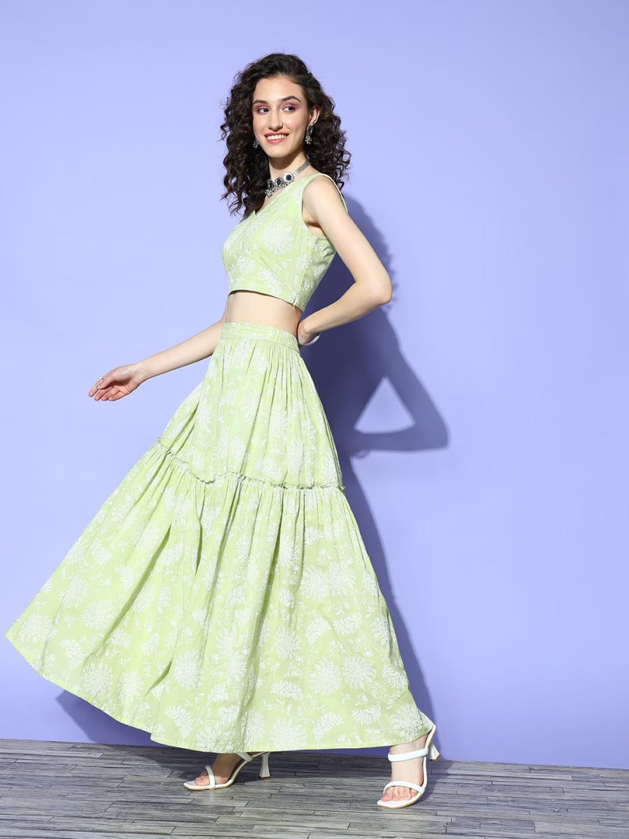 Ahalyaa Pure Cotton Green & White Printed Khari Print Ready to Wear Lehenga & Blouse With Dupatta | Swadesiicart