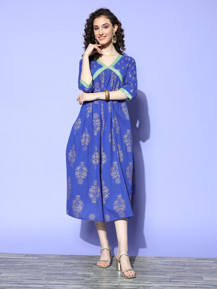 Ahalyaa Blue Floral Print Midi Empire Ethnic Dress | Swadesiicart