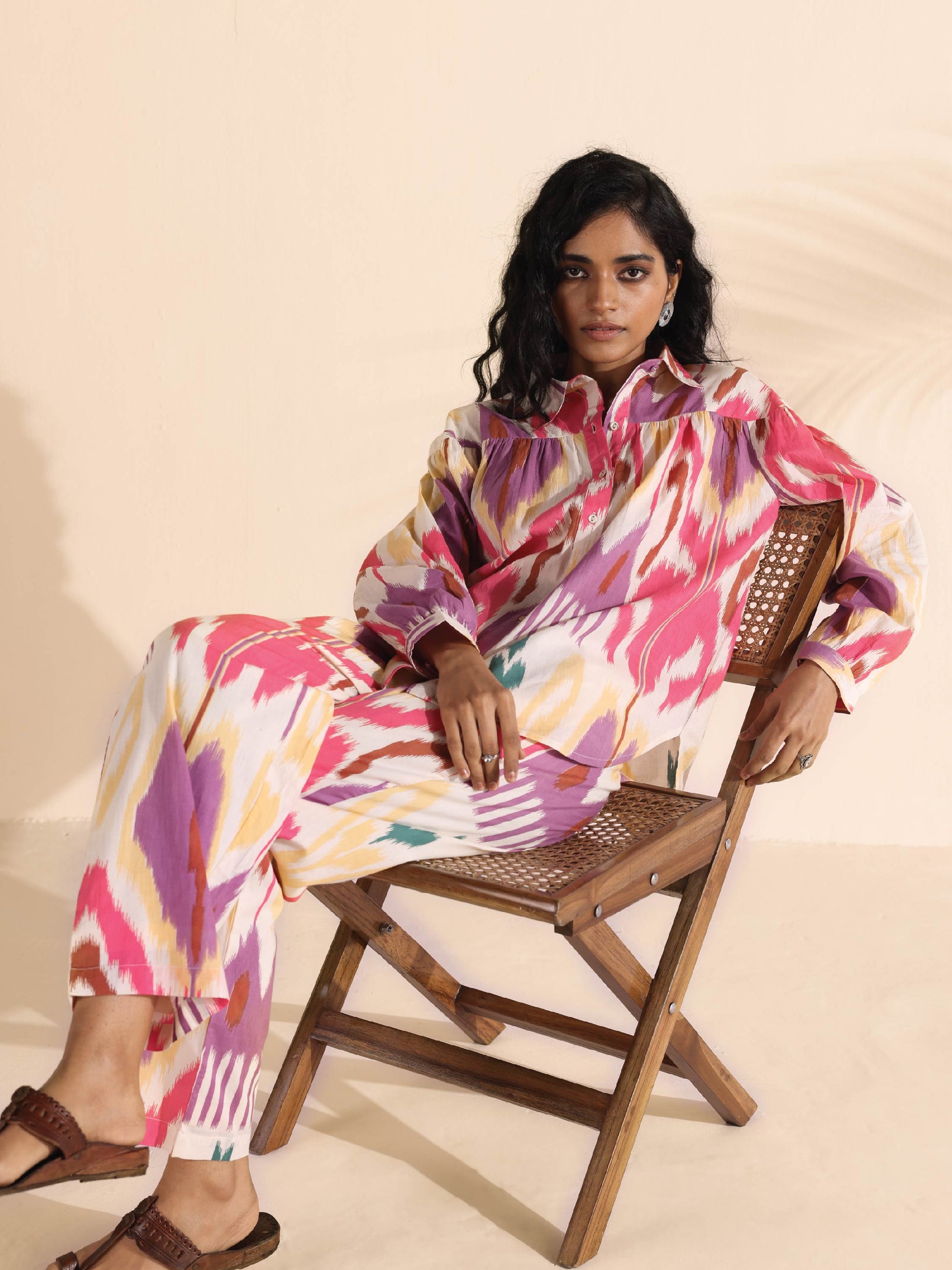 trueBrowns Pink Cotton Ikat Shirt Co-ord Set - Swadesiicart