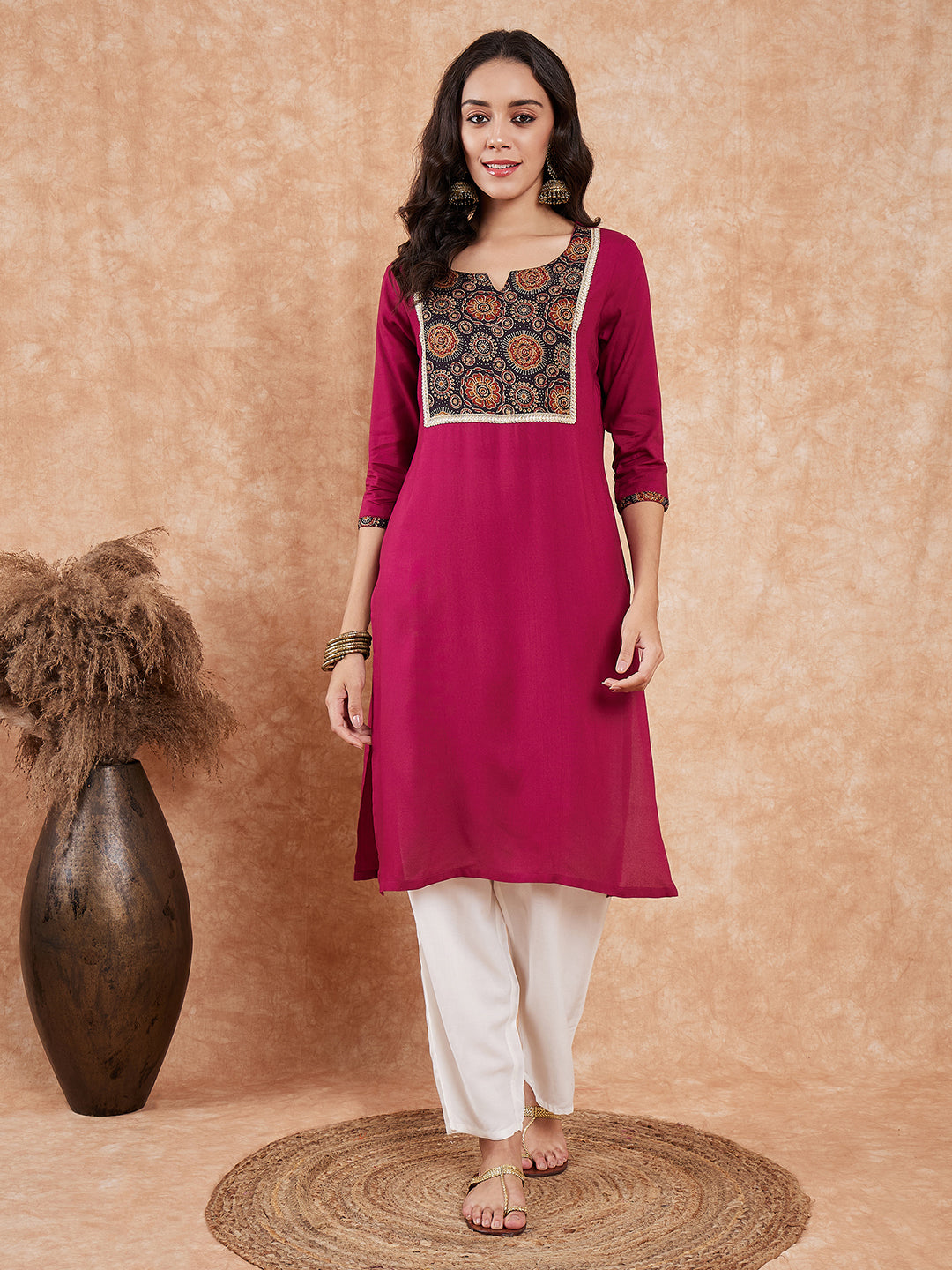 InWeave Women's Wine Printed Neck Patch Work Straight Kurta - Swadesiicart