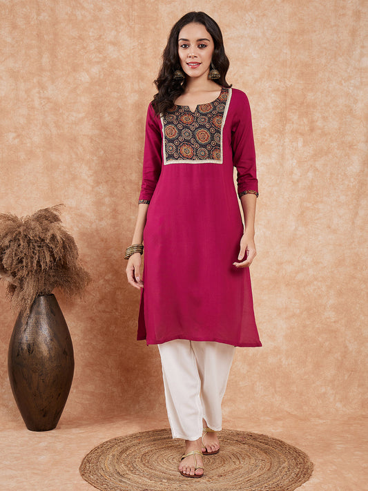 InWeave Women's Wine Printed Neck Patch Work Straight Kurta - Swadesiicart