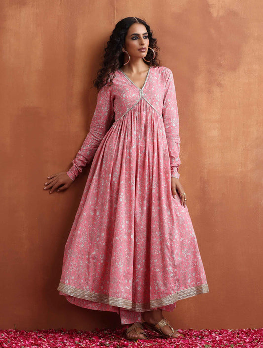 trueBrowns Pink Print Flared Anarkali Kurta Set | Swadesiicart