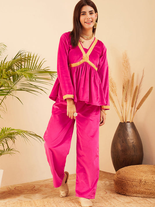InWeave Women's Magenta Mughal Shaan Style Velvet Short Kurta Set - Swadesiicart