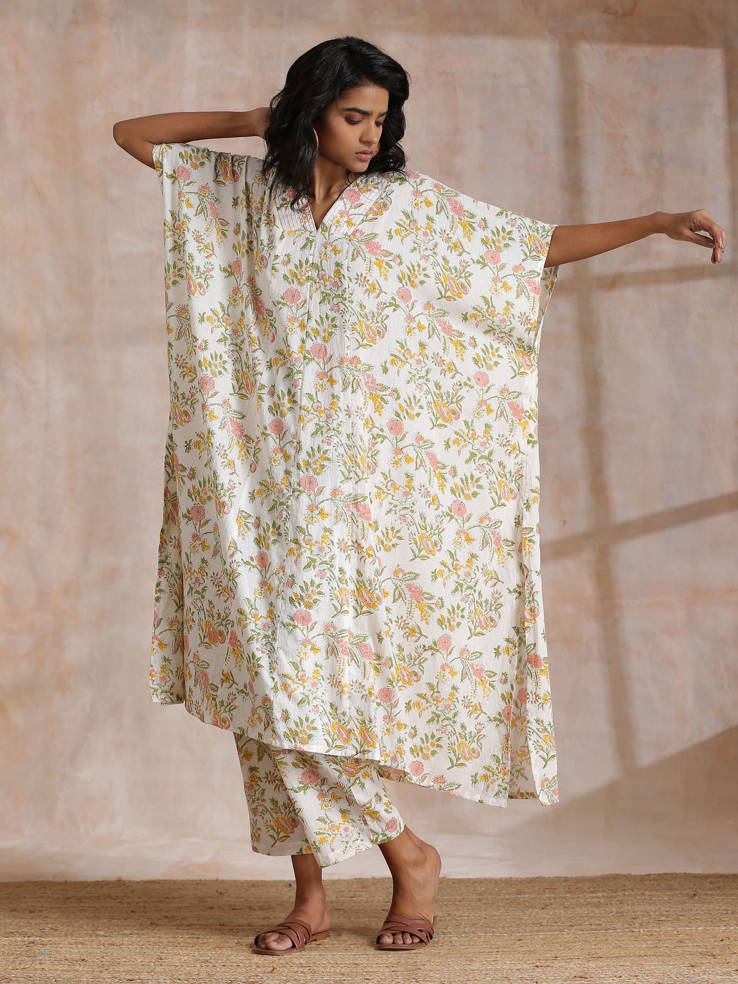 trueBrowns Pink Yellow Floral On White Block Print Cotton Panel Kaftan Kurta Pant Set | Swadesiicart