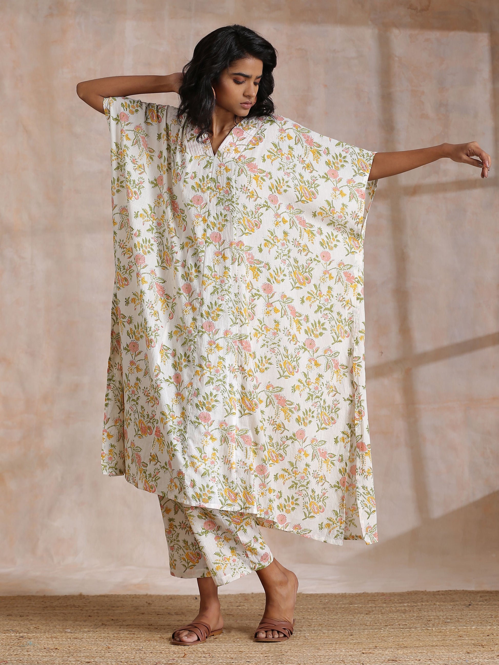 trueBrowns Pink Yellow Floral On White Block Print Cotton Panel Kaftan Kurta Pant Set | Swadesiicart