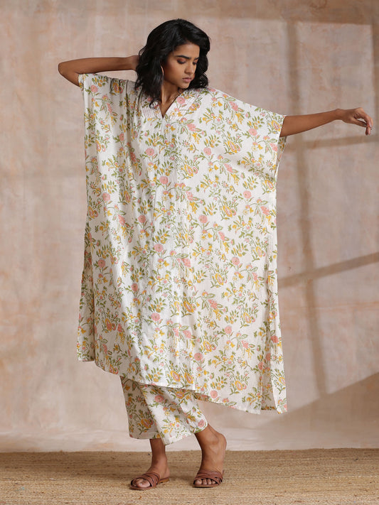 trueBrowns Pink Yellow Floral On White Block Print Cotton Panel Kaftan Kurta Pant Set | Swadesiicart
