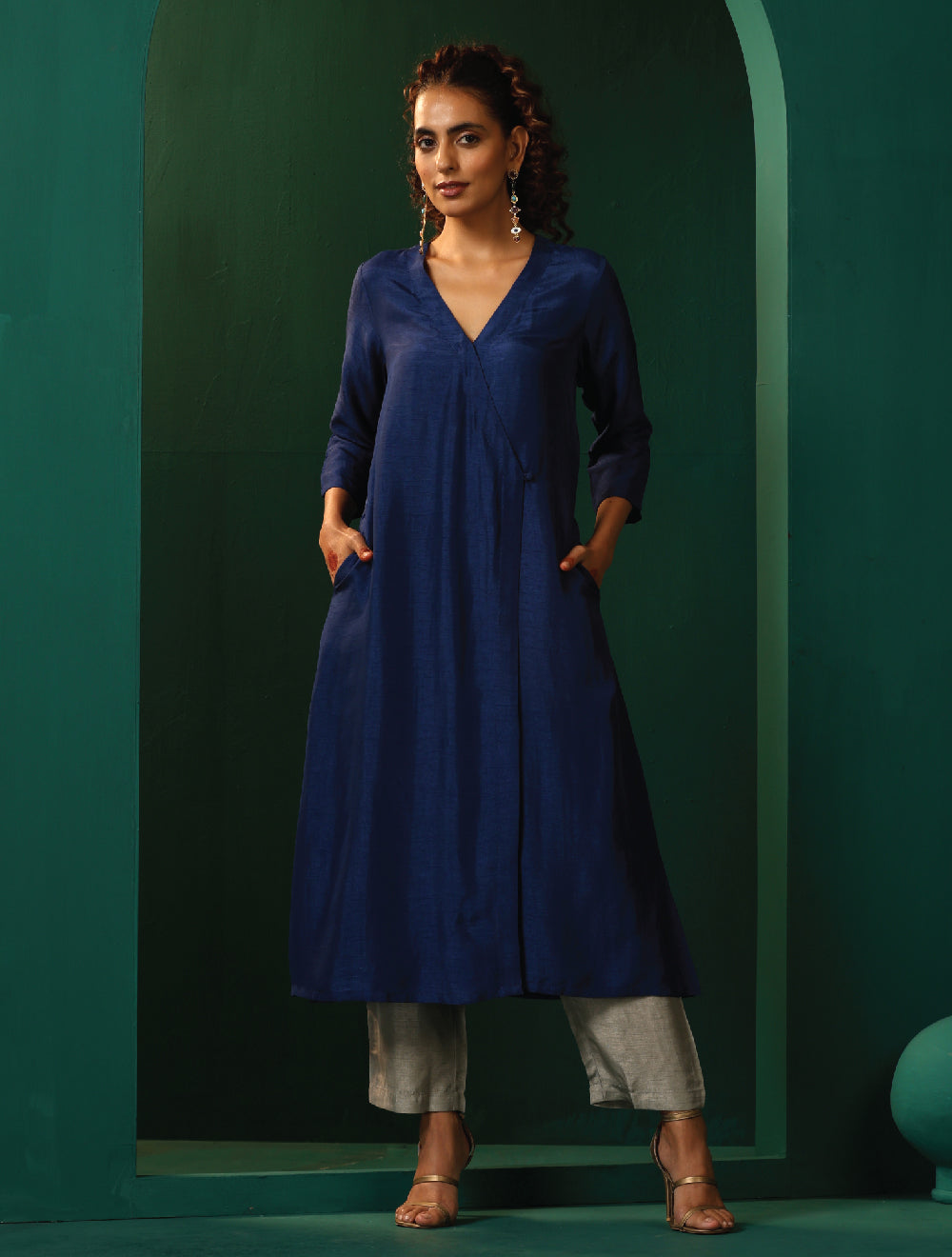 trueBrowns Blue Silk Angrakha Kurta Pant Set | Swadesiicart