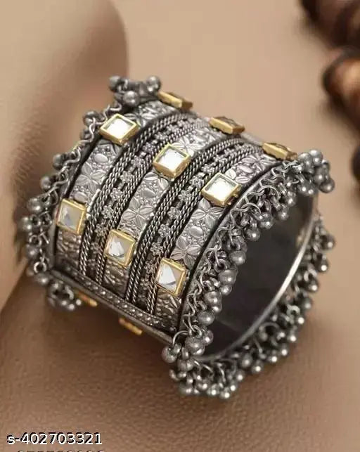 Tehzeeb Creations Women's Silver Colour Oxidised Bangle With Kundan - Swadesiicart