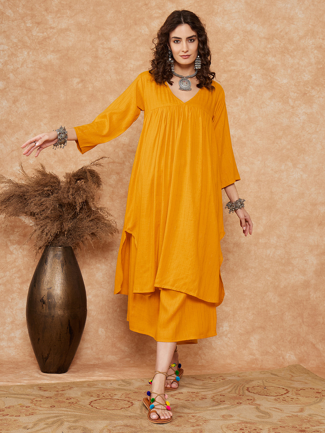 InWeave Women's Mustard Lurex Flared V Neck Kurta Palazzo Set - Swadesiicart