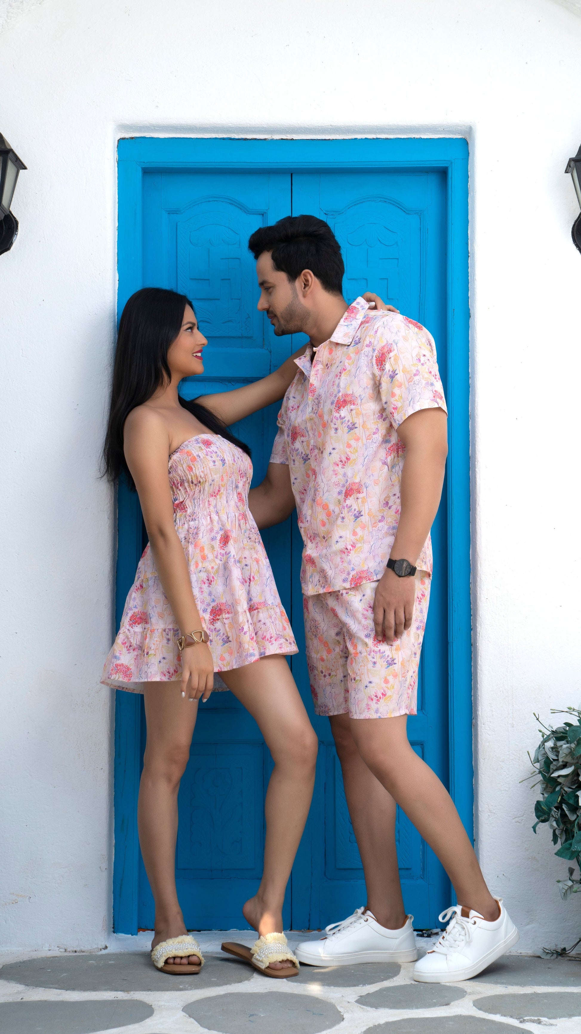 Noroke Sustainable fabric | Linen Cotton Linen White Floral Couple Co-ord Set - Swadesiicart