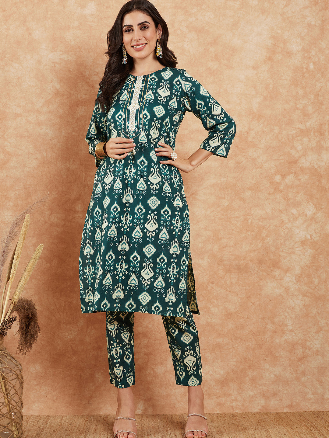 InWeave Women's Peacock Blue Ikkat Print Gota Work Straight Kurta Pant Set - Swadesiicart