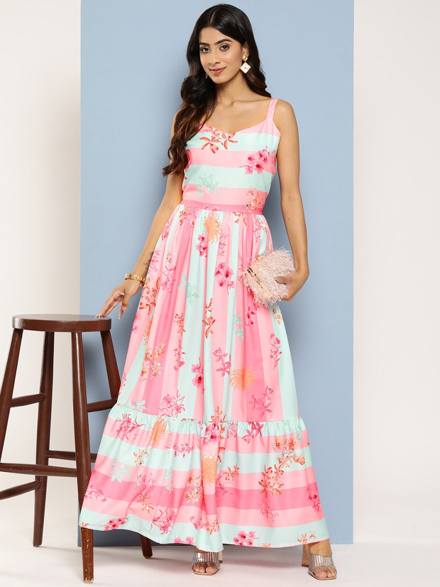 Ahalyaa Striped Floral Print Crepe Maxi Ethnic Dress | Swadesiicart