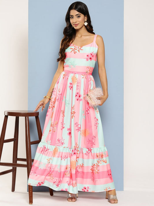 Ahalyaa Striped Floral Print Crepe Maxi Ethnic Dress | Swadesiicart
