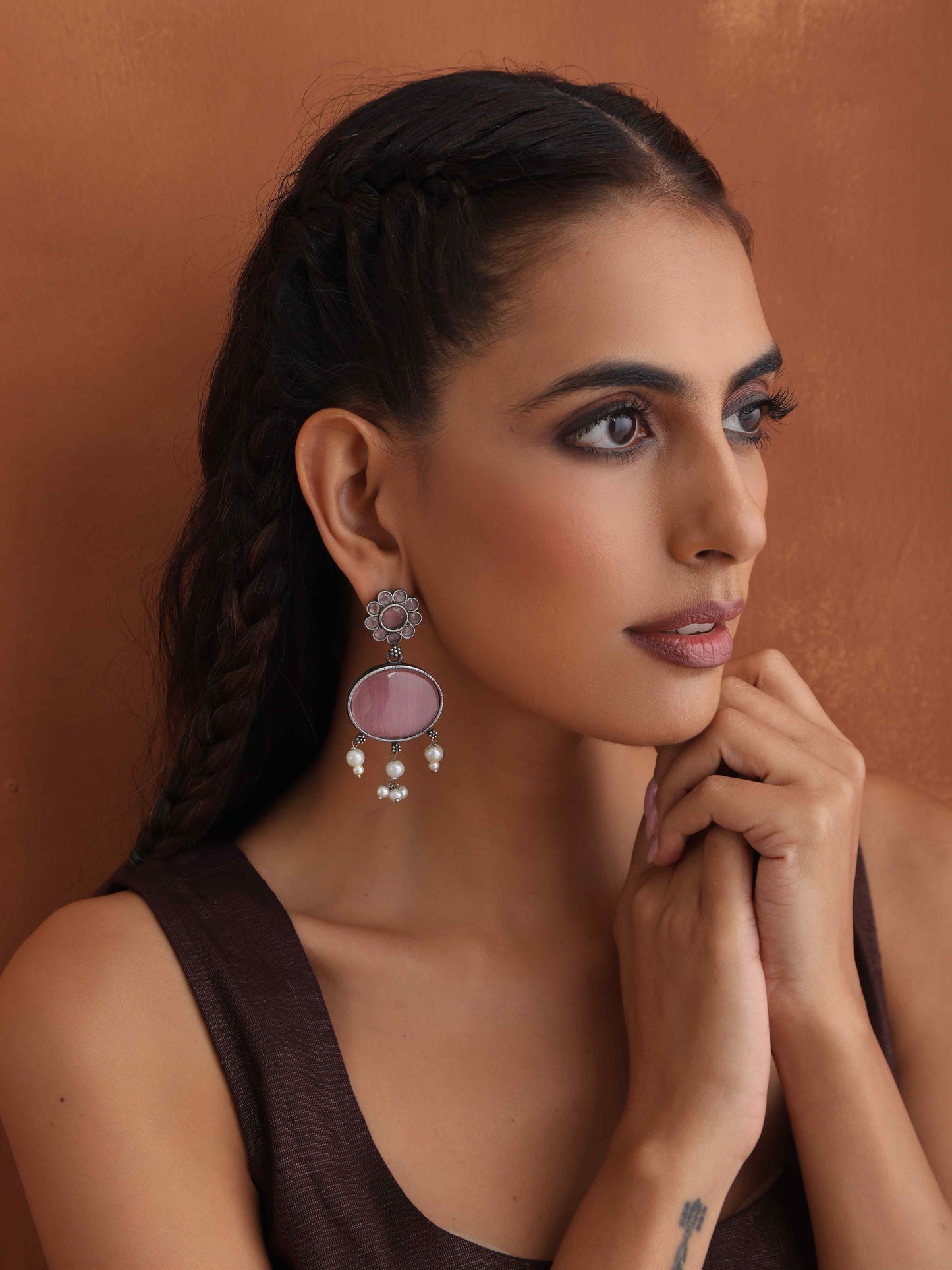 trueBrowns Silver Tone Pink Stone Dangle Earrings - Swadesiicart