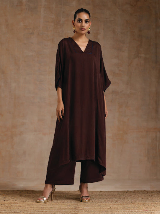 trueBrowns Cola Brown Modal Satin Oversized Kurta Set | Swadesiicart