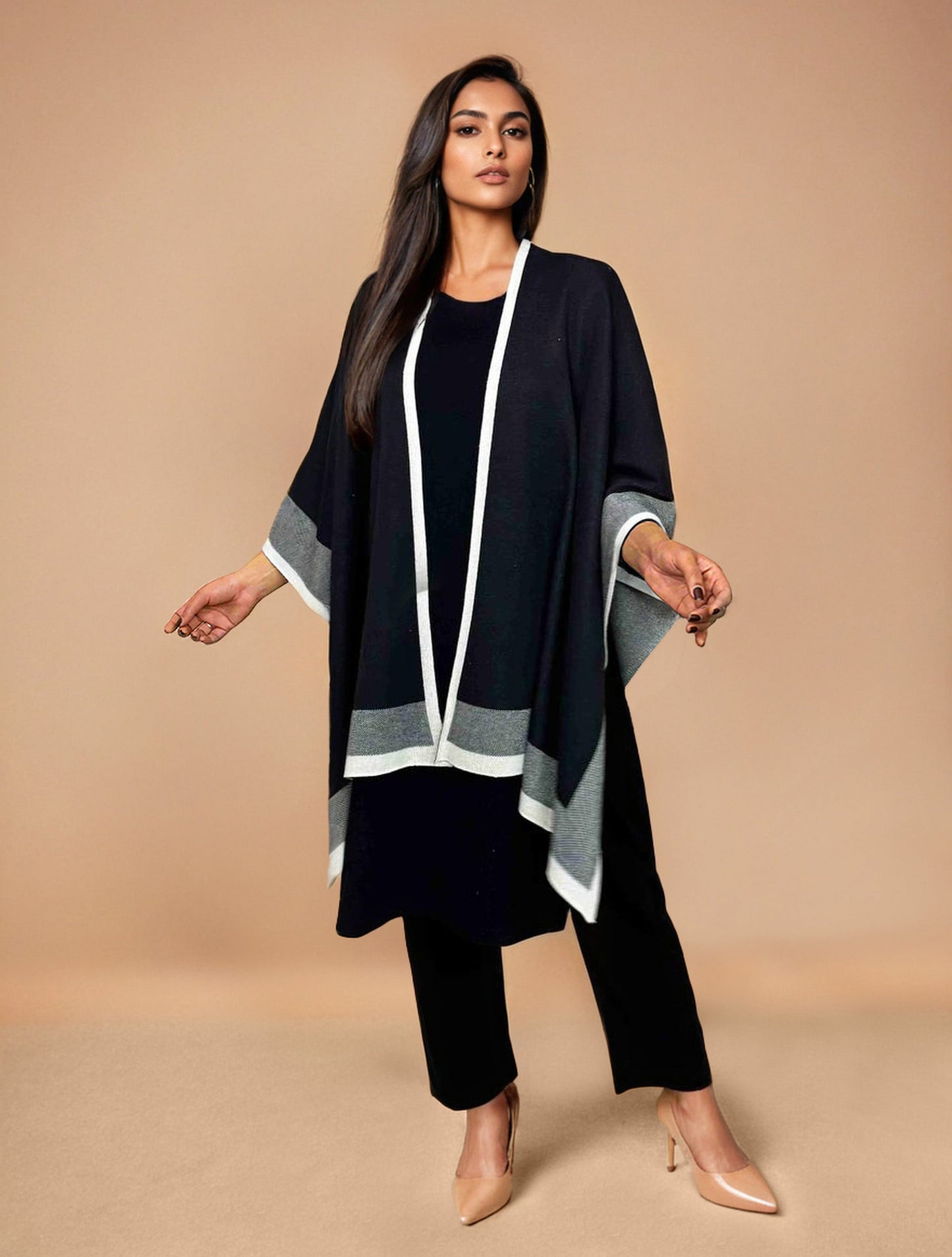 trueBrowns Black Woollen Kaftan Cape | Swadesiicart