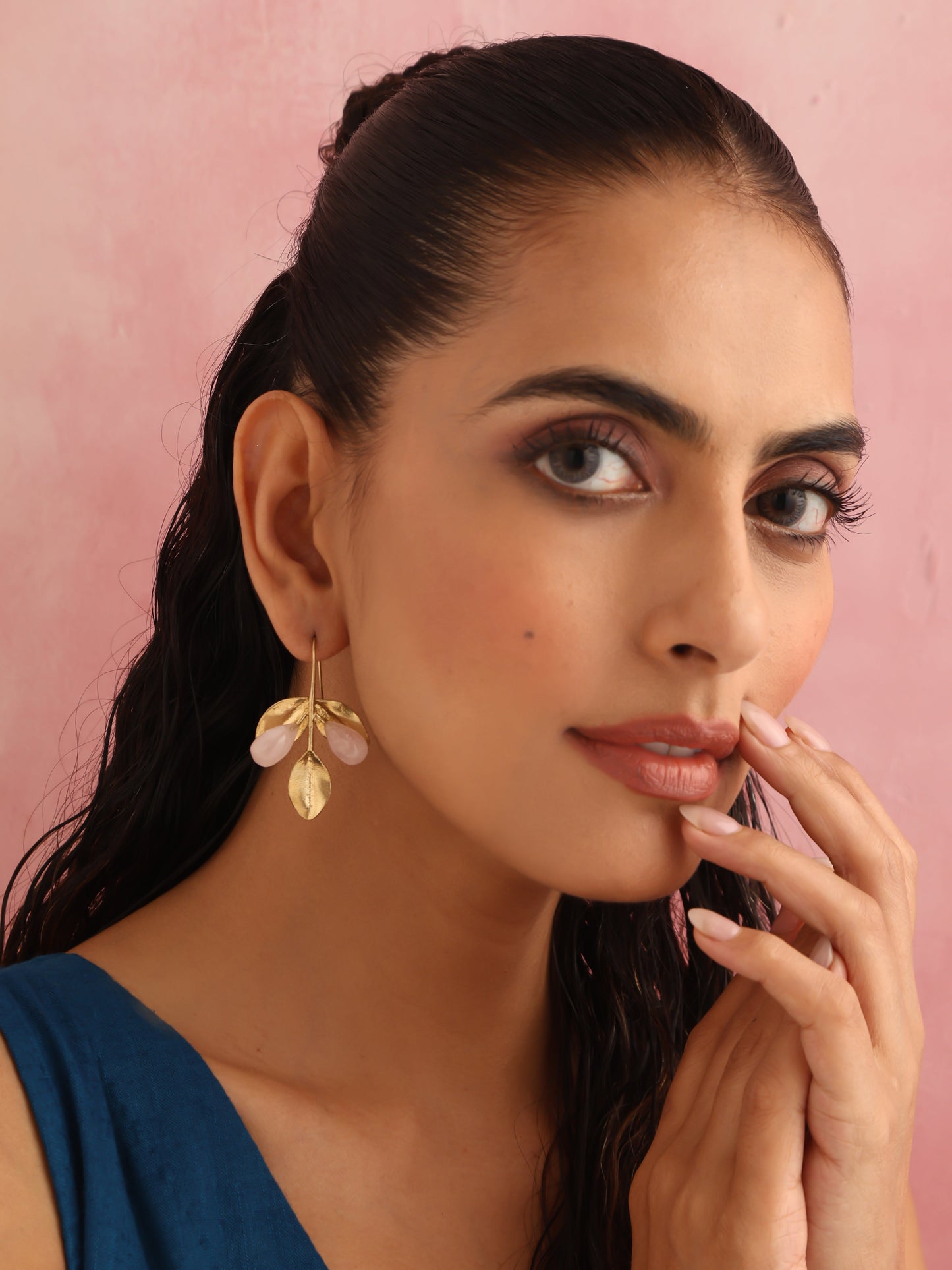 trueBrowns Brass Crystal Leaf Earrings - Swadesiicart