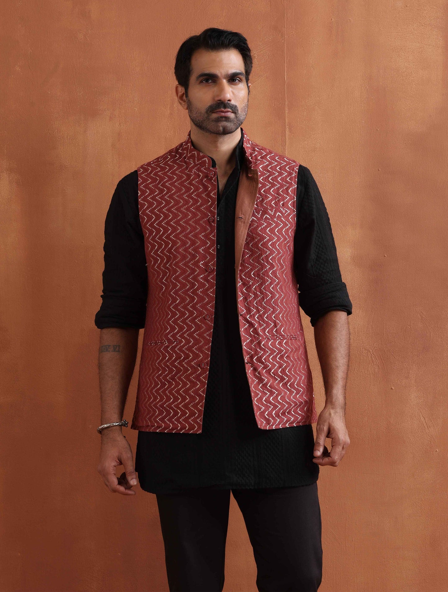 trueBrowns Men's Rust Cotton Dobby Nehru Jacket | Swadesiicart