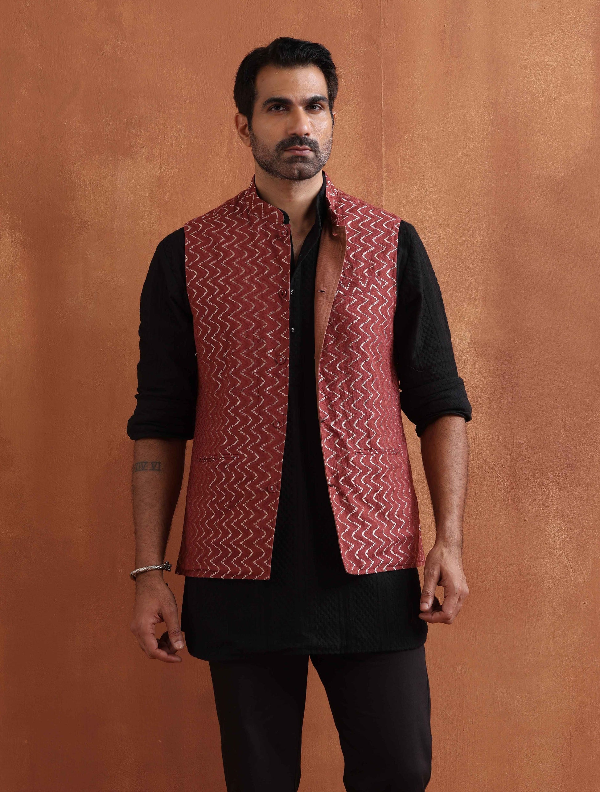 trueBrowns Men's Rust Cotton Dobby Nehru Jacket | Swadesiicart