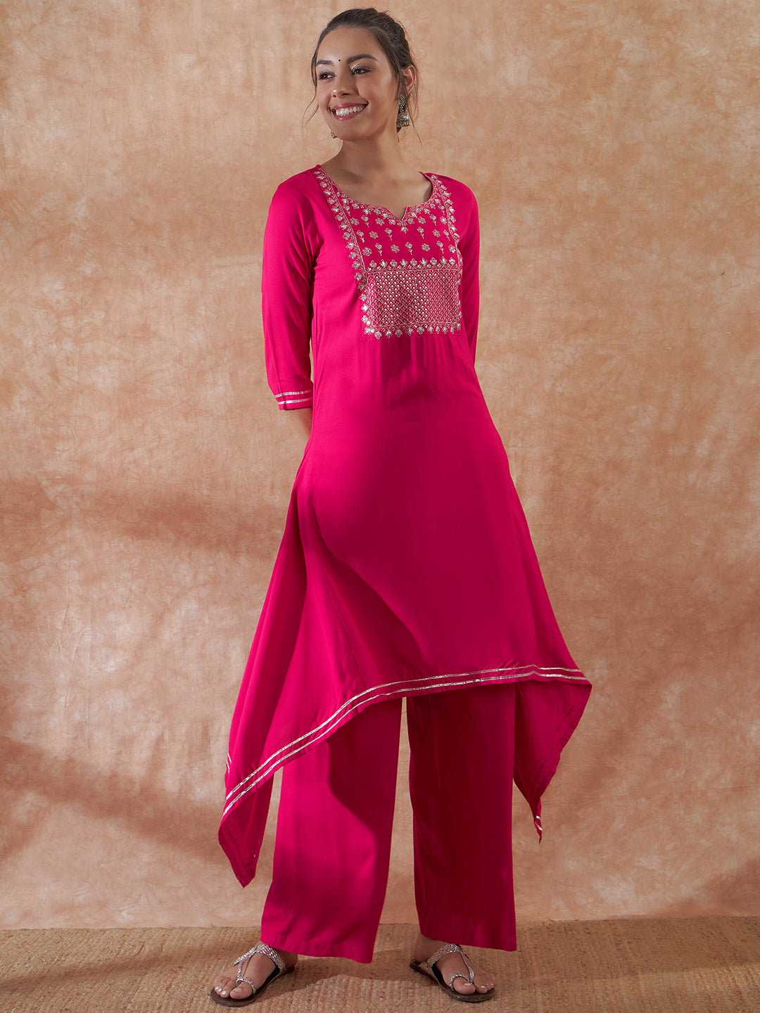 InWeave Women's Magenta Emb Assymetrical Kurta Pant Set - Swadesiicart