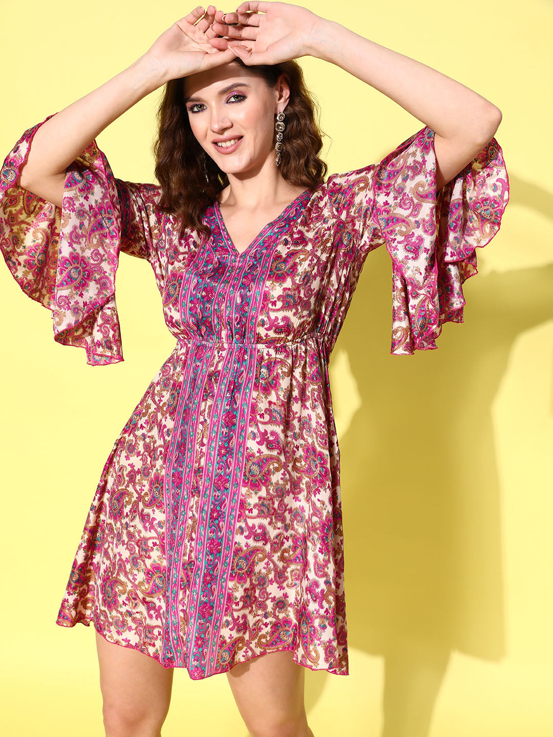 InWeave Women's Fuchsia Floral Prnited Bell Sleeve Short Dress - Swadesiicart