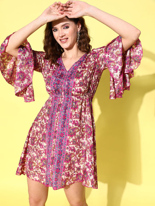 InWeave Women's Fuchsia Floral Prnited Bell Sleeve Short Dress - Swadesiicart