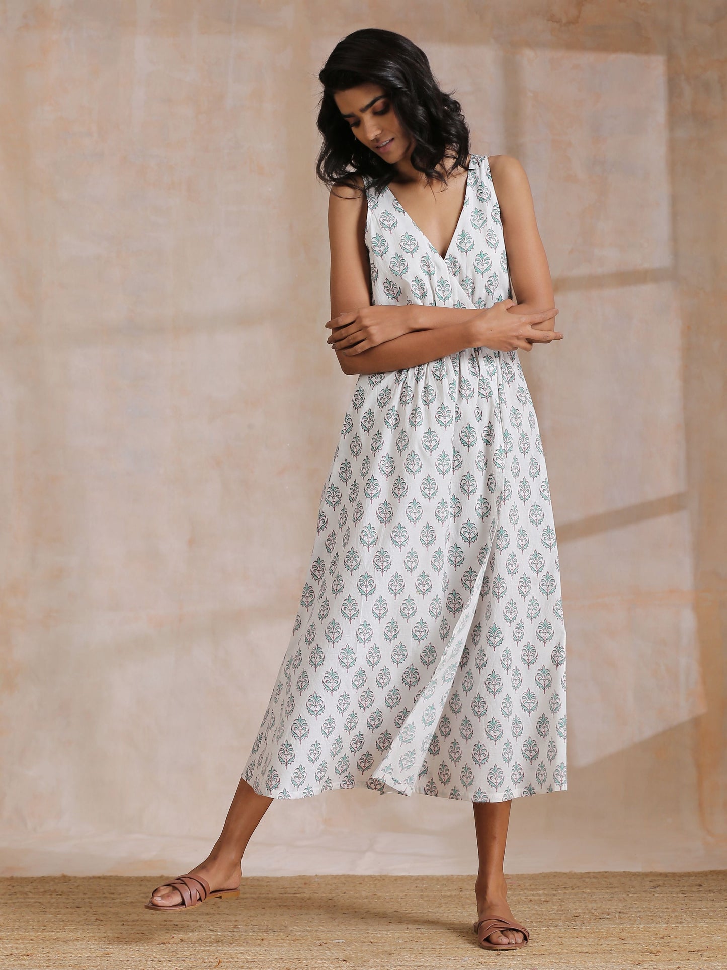 trueBrowns Green Buta On White Block Print Cotton Sleeveless Wrap Dress | Swadesiicart