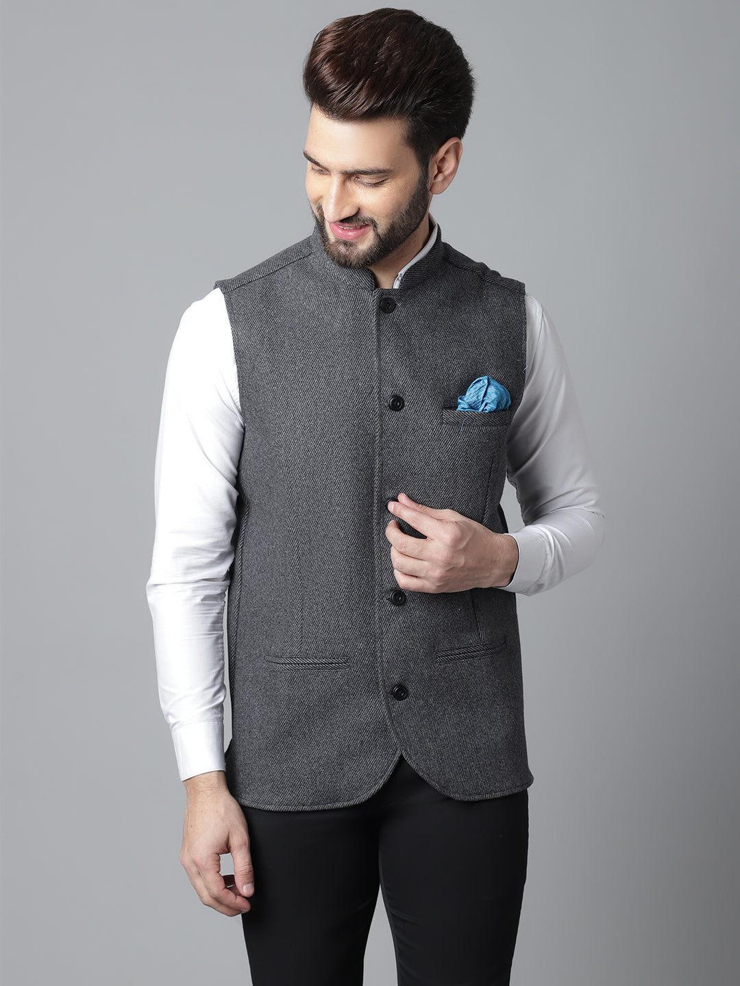 Even Apparels Men's Grey Pure Wool Nehru Jacket | Swadesiicart