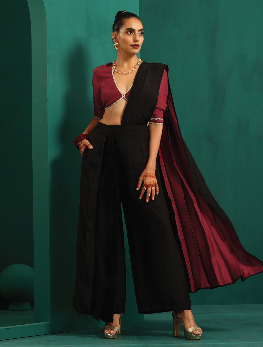 trueBrowns Black Silk Palazzo Stitched Saree | Swadesiicart