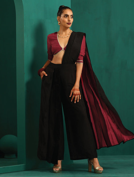trueBrowns Black Silk Palazzo Stitched Saree | Swadesiicart