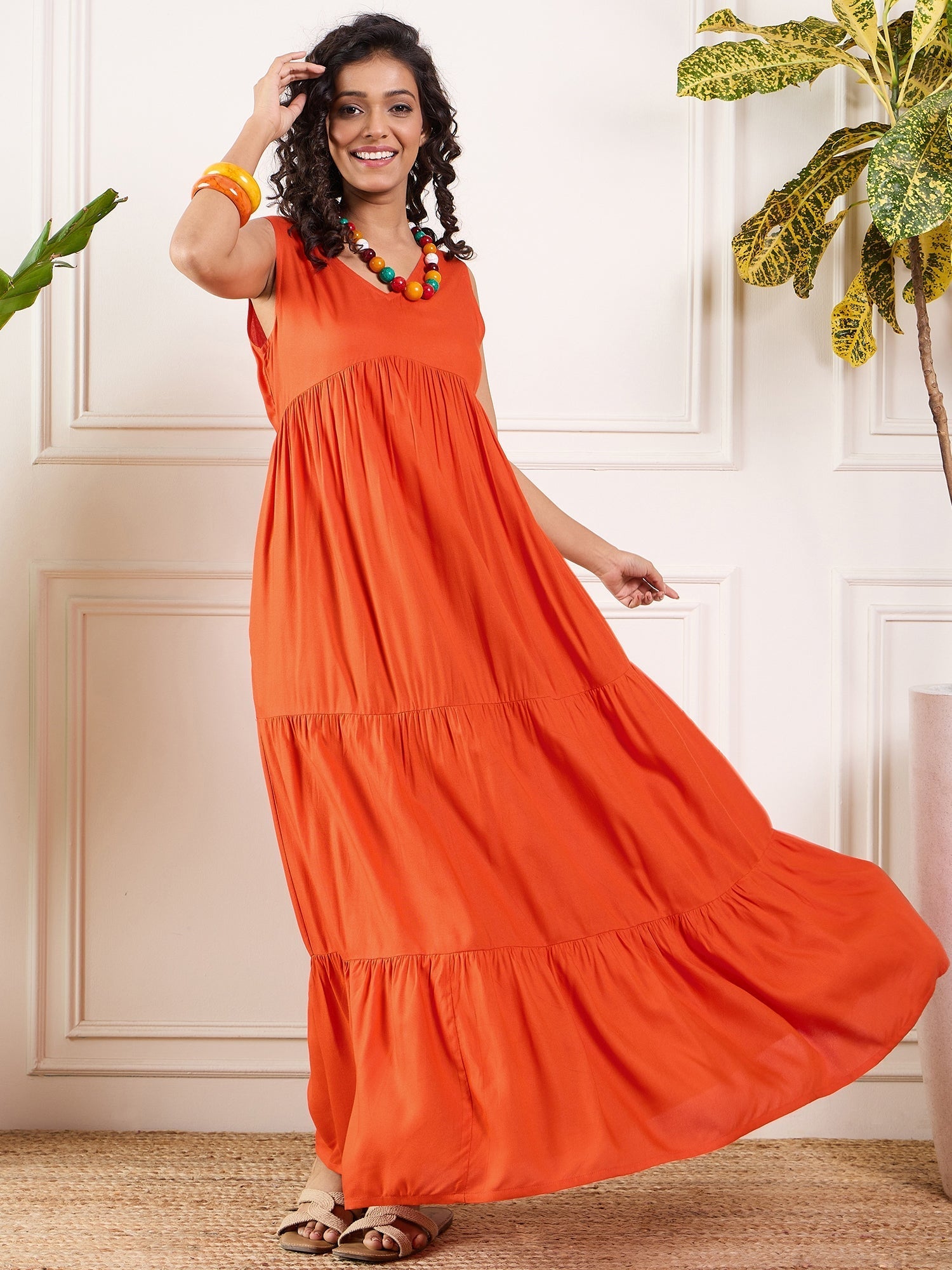 InWeave Orange V Neck Sleeveless Long Tiered Dress - Swadesiicart