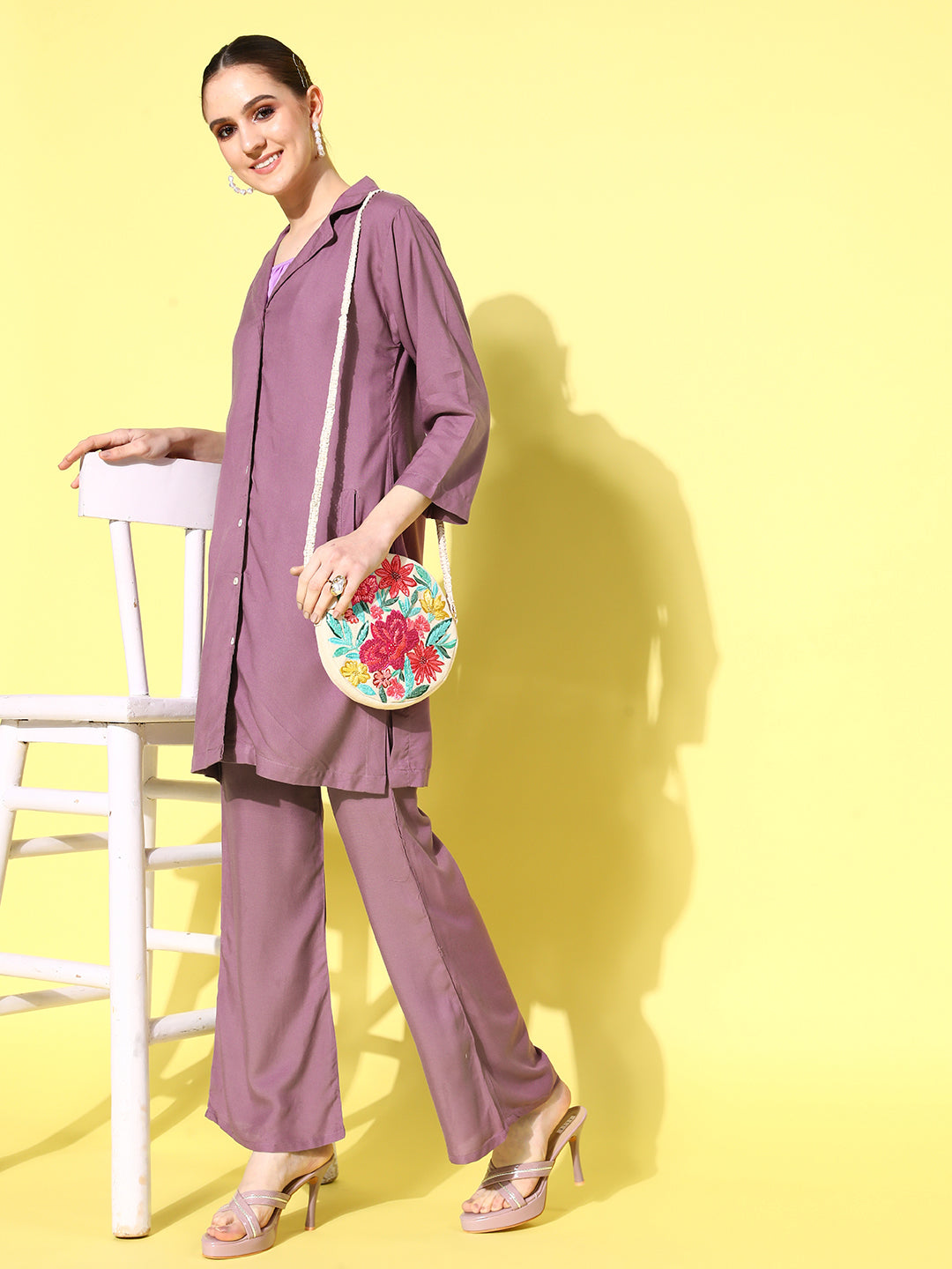 InWeave Women's Mauve Coord Set With Crepe Mauve Crop Top - Swadesiicart