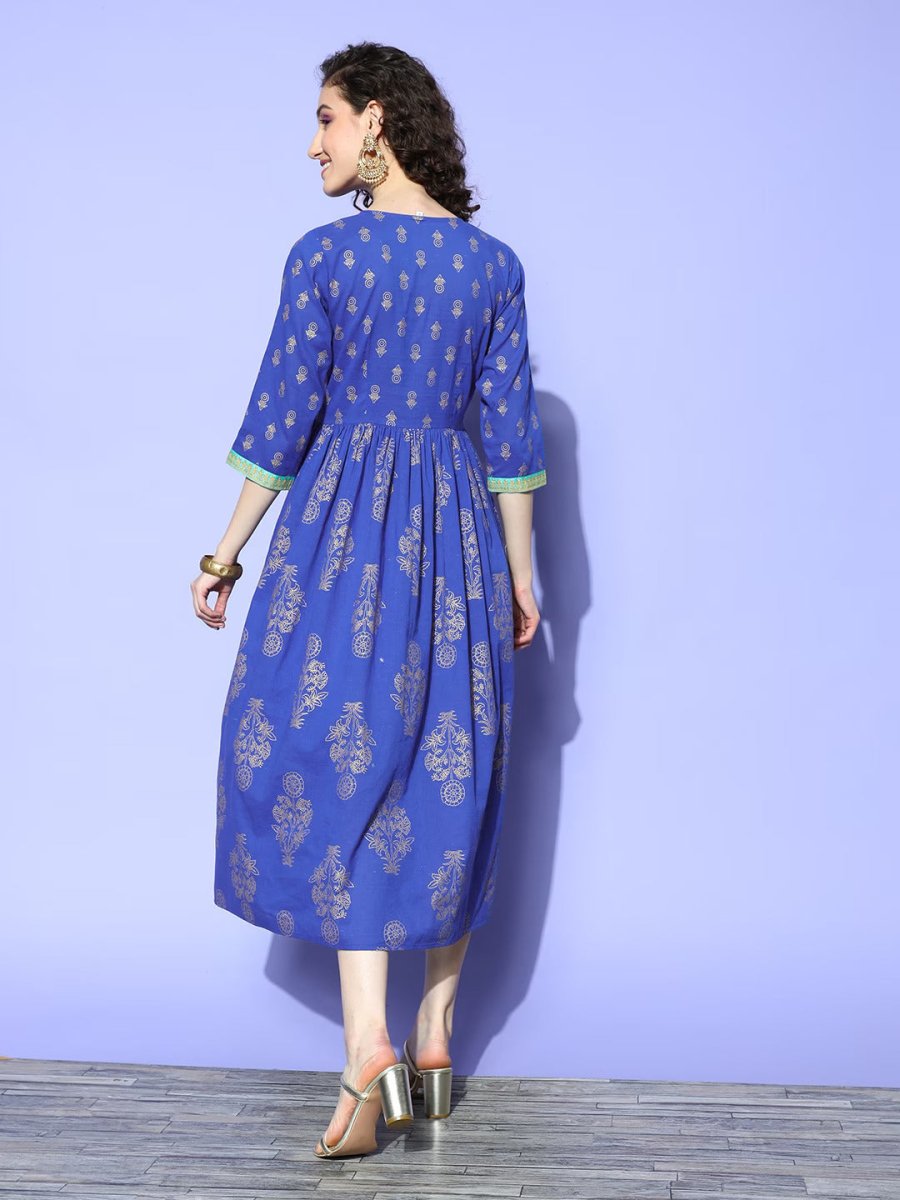 Ahalyaa Blue Floral Print Midi Empire Ethnic Dress | Swadesiicart