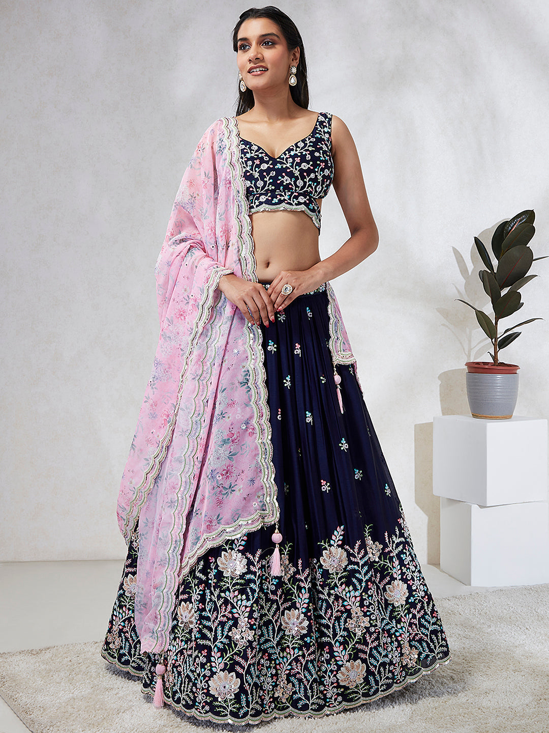 House of Panchhi Navy Blue Georgette Sequins, Mirror And Thread Embroidery Lehenga Choli & Dupatta | Swadesiicart