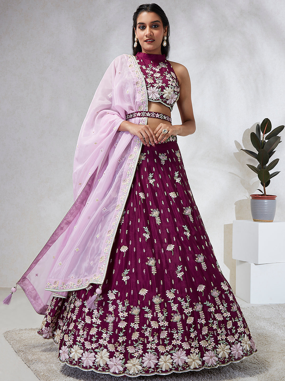 House of Panchhi Burgundy Pure Georgette Sequins And Thread Embroidery Lehenga Choli & Dupatta | Swadesiicart