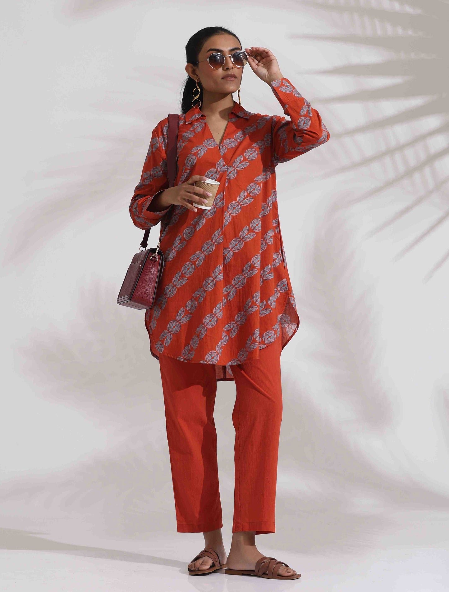 trueBrowns Orange Cotton Print Co-ord Set - Swadesiicart
