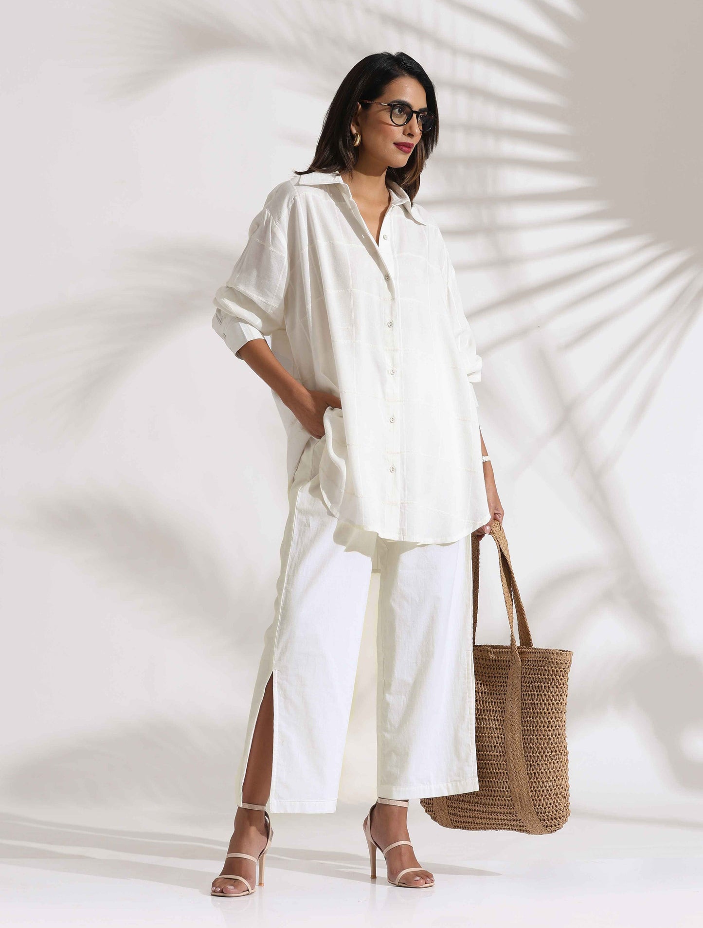 trueBrowns White Cotton Check Shirt Co-ord Set - Swadesiicart