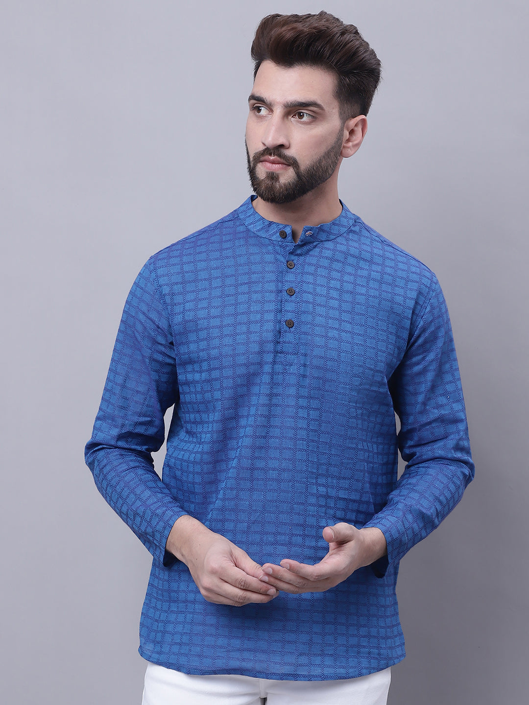 Even Apparels Blue Pure Cotton Short Kurta With Band Collar | Swadesiicart
