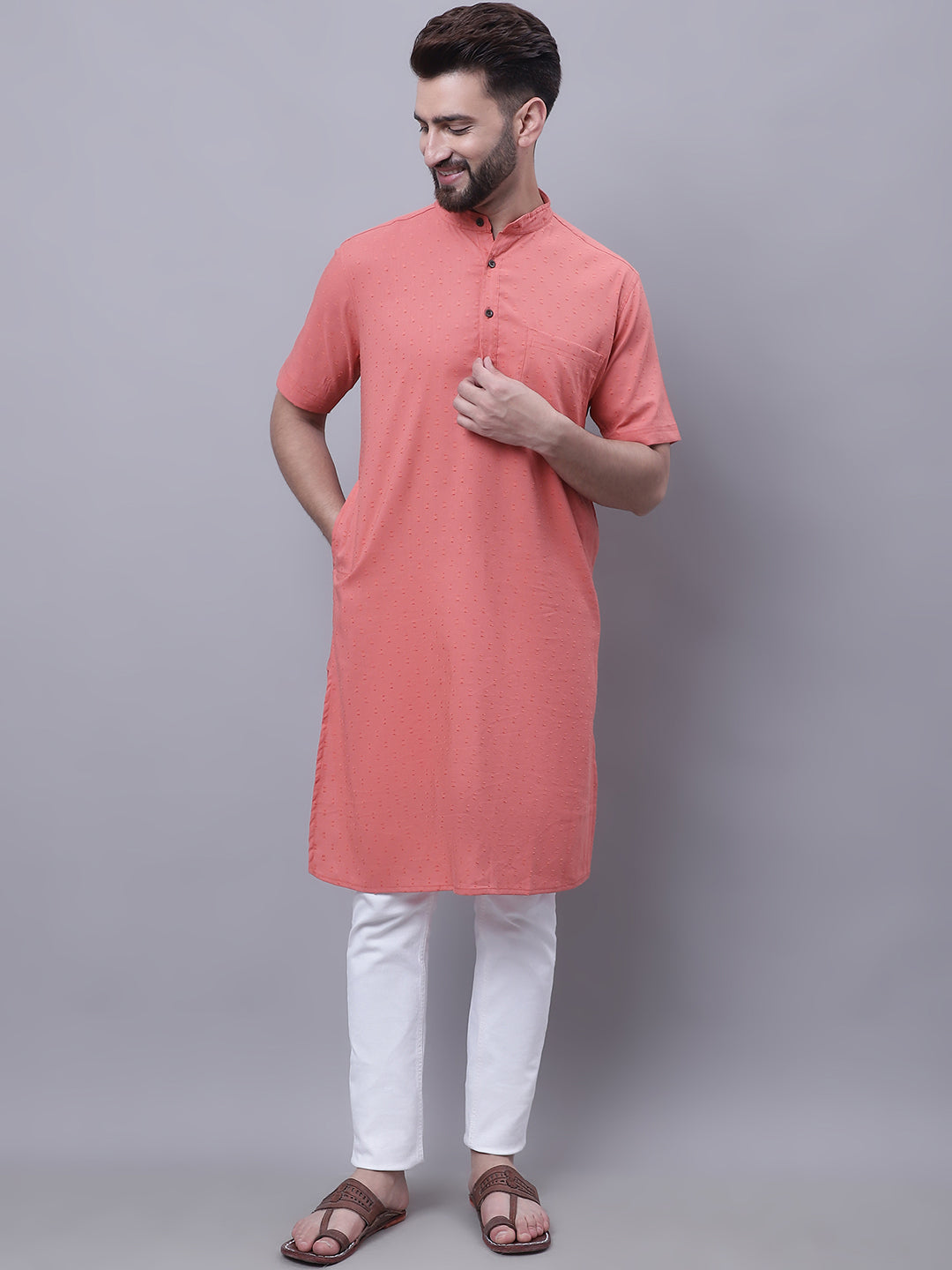 Even Apparels Peach Pure Cotton Short Sleeves Kurta With Band Collar | Swadesiicart