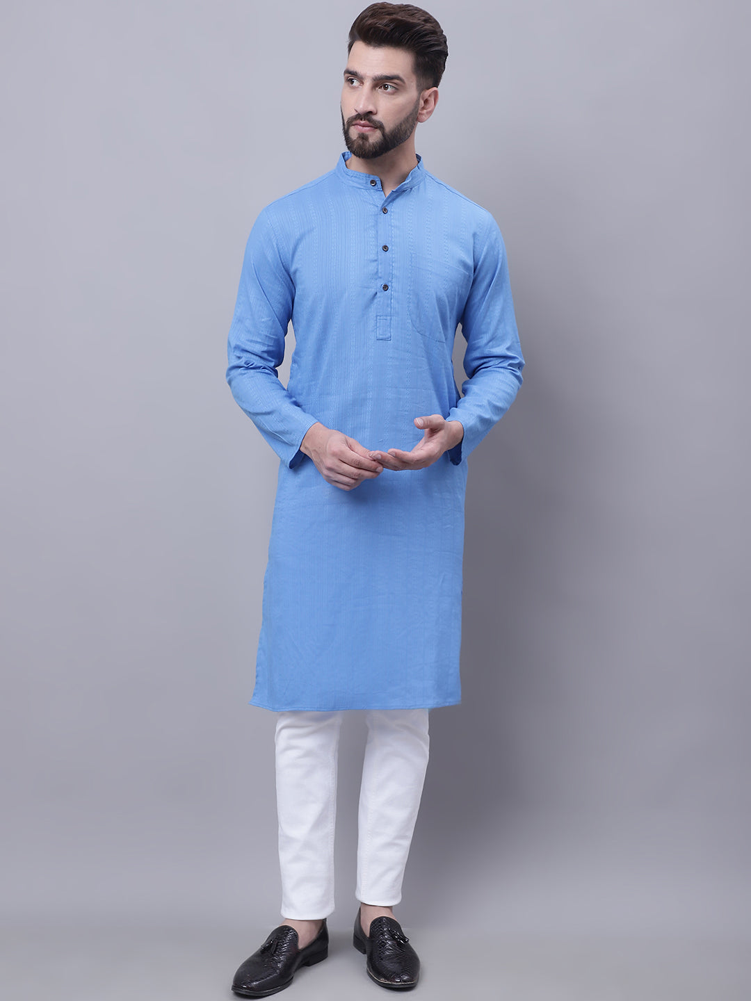 Even Apparels Blue Pure Cotton Kurta With Band Collar | Swadesiicart