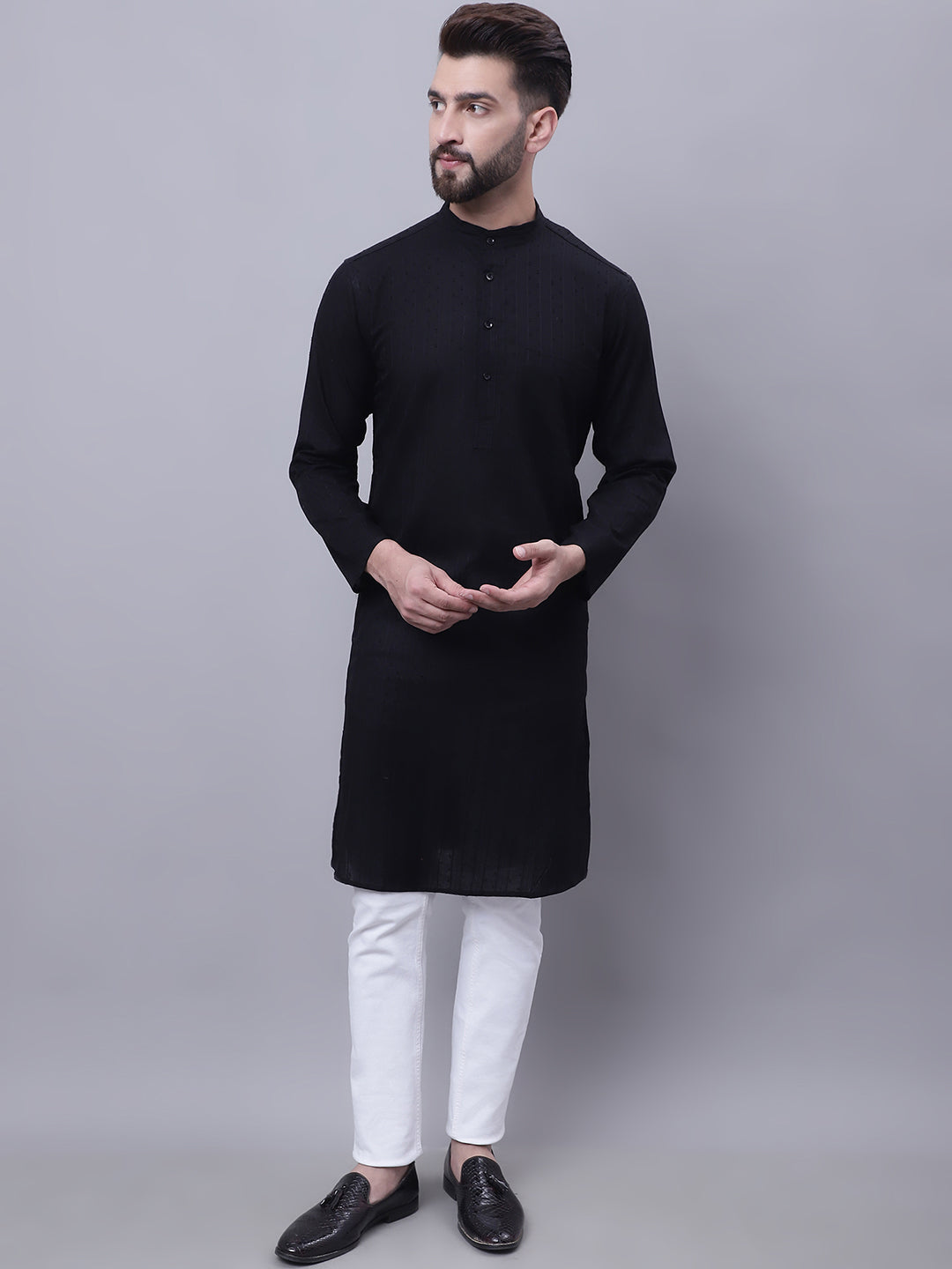 Even Apparels Black Pure Cotton Kurta With Band Collar | Swadesiicart