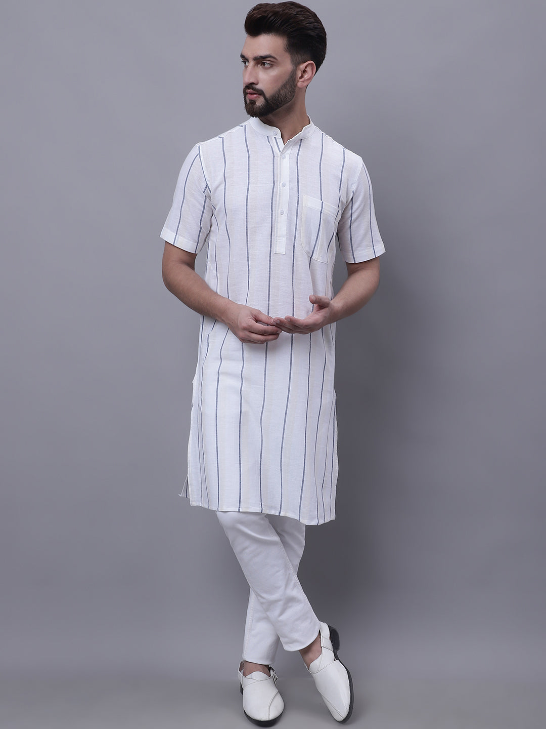 Even Apparels Cream Pure Cotton Short Sleeves Kurta With Band Collar | Swadesiicart