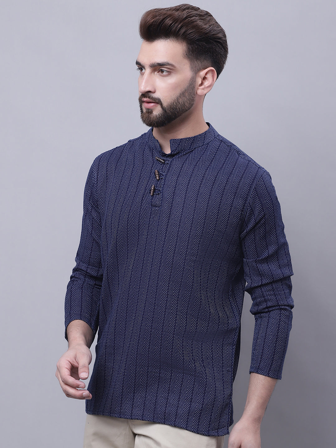 Indian Clothing Even Apparels Blue Pure Cotton Short Kurta With Band Collar | Swadesiicart