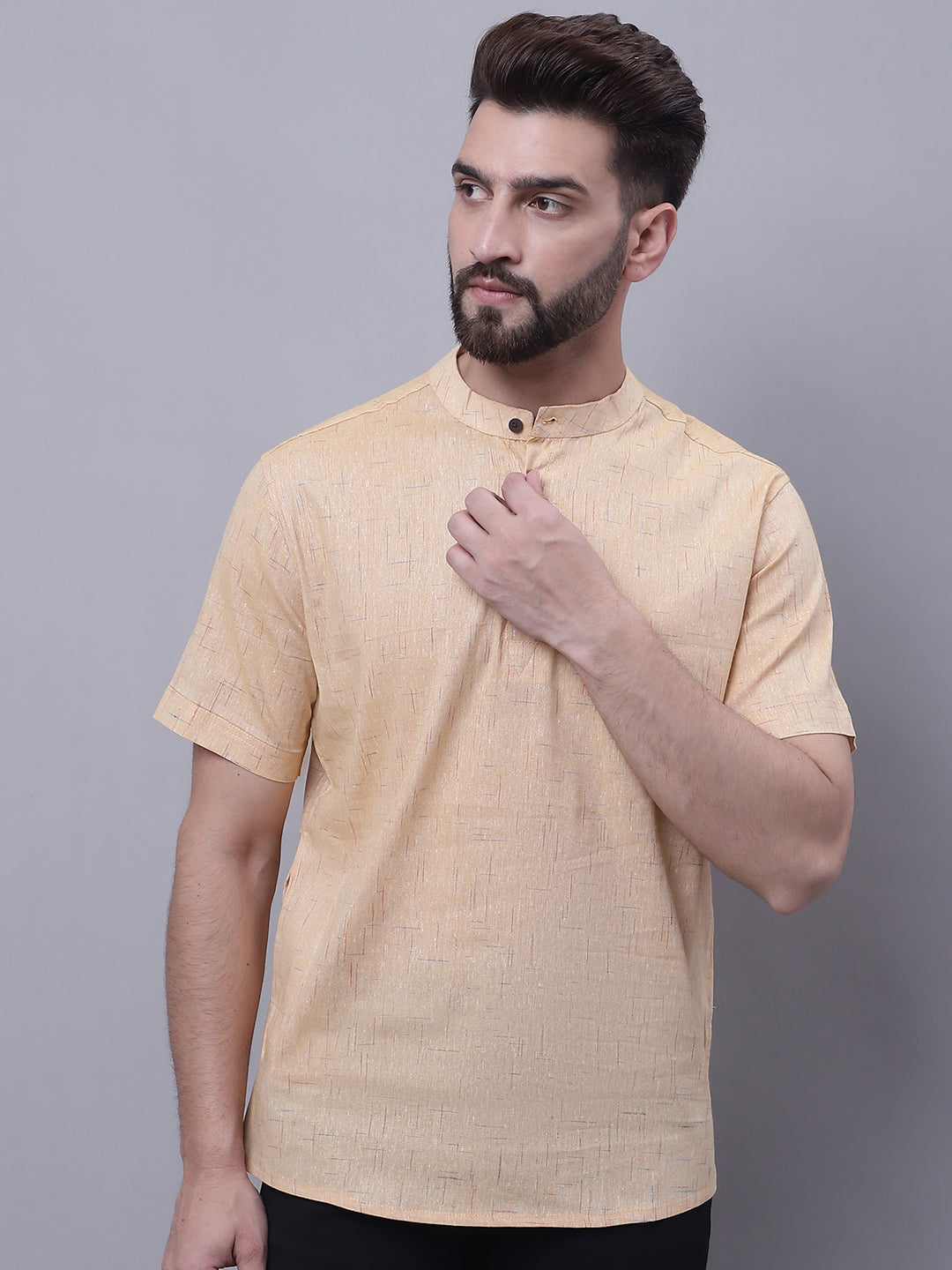 Even Apparels Beige Pure Cotton Short Kurta With Band Collar | Swadesiicart