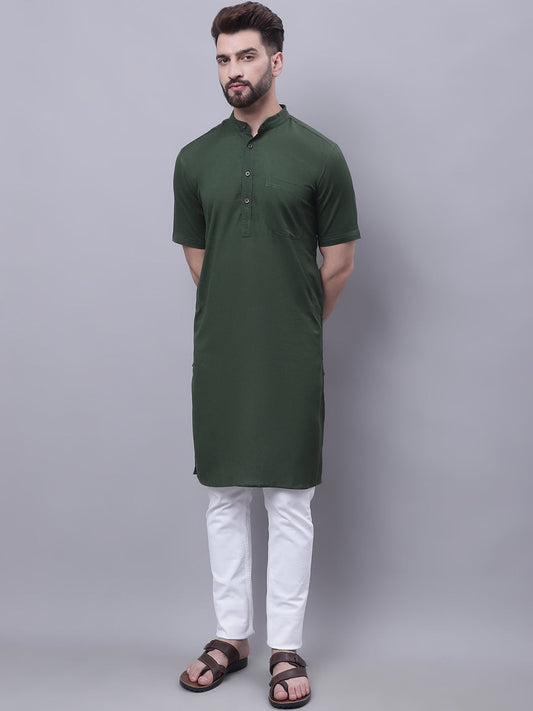 Even Apparels Green Pure Cotton Short Sleeves Kurta With Band Collar | Swadesiicart