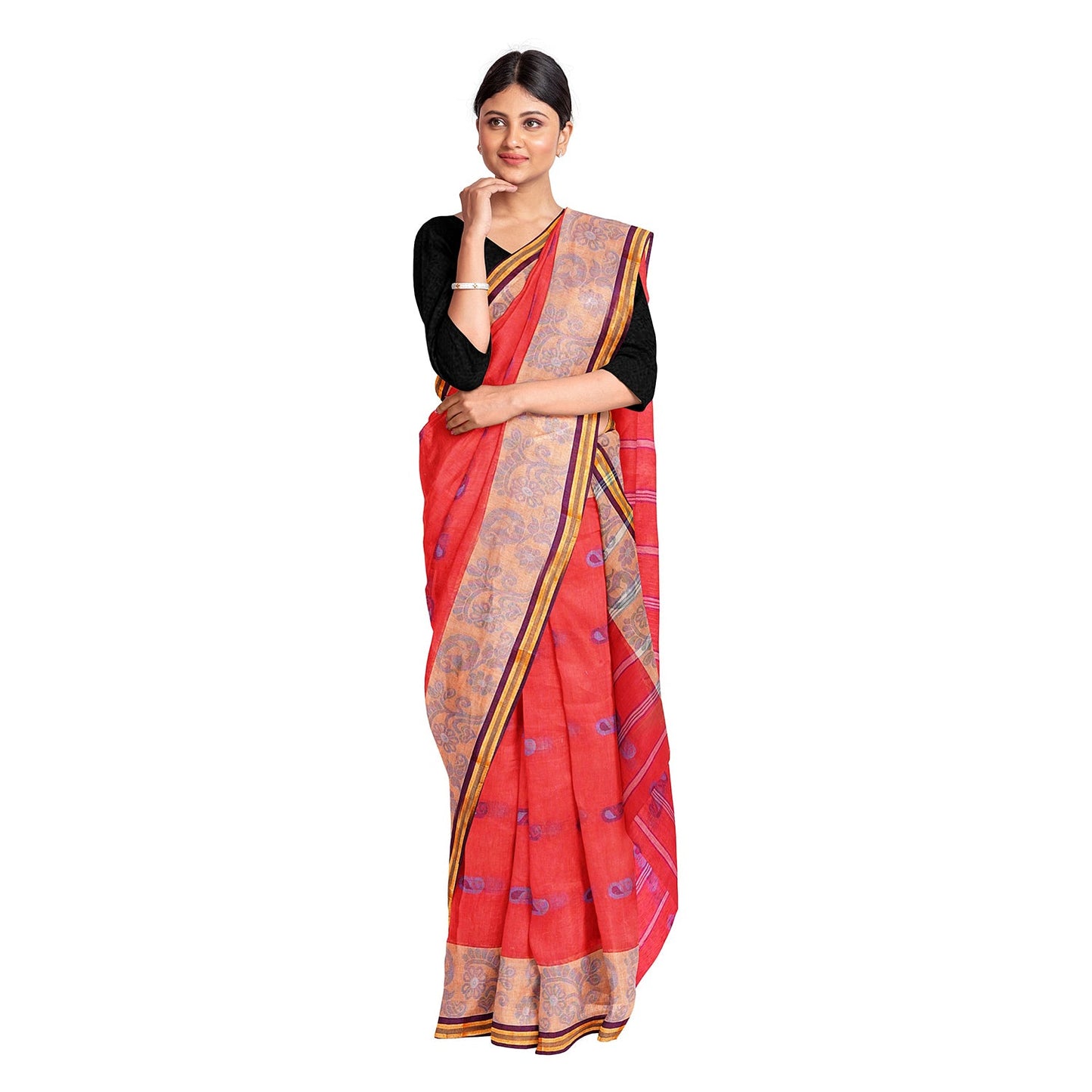 Exclusive Collection 100% Pure Cotton Red Tant Saree With Hand Weaving Work - Swadesiicart