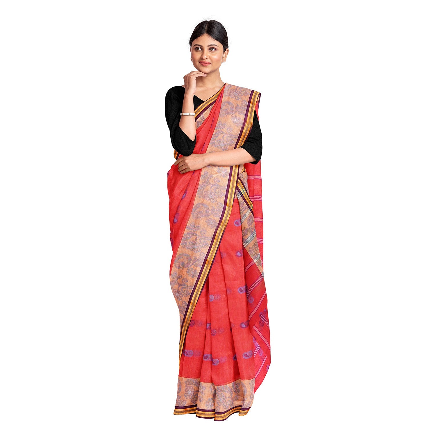 Exclusive Collection 100% Pure Cotton Red Tant Saree With Hand Weaving Work - Swadesiicart