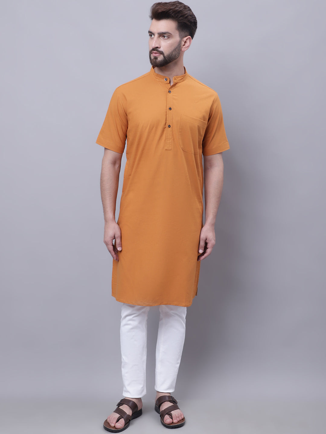 Even Apparels Yellow Pure Cotton Short Sleeves Kurta With Band Collar | Swadesiicart